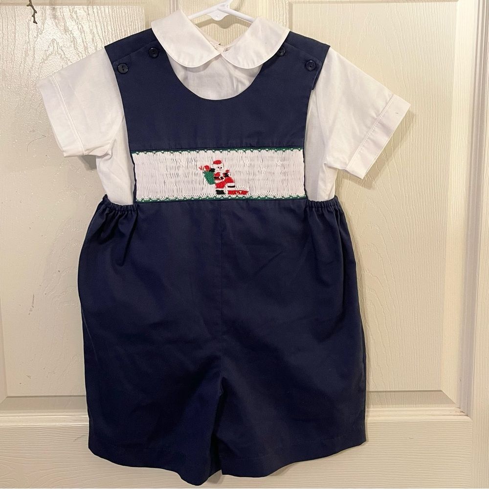 Smocked 2pc Shortalls Navy Blue and White Baby with Santa Design
